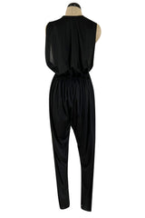 Iconic 1970s Halston Jersey Side & Front Plunging Black Jersey Jumpsuit
