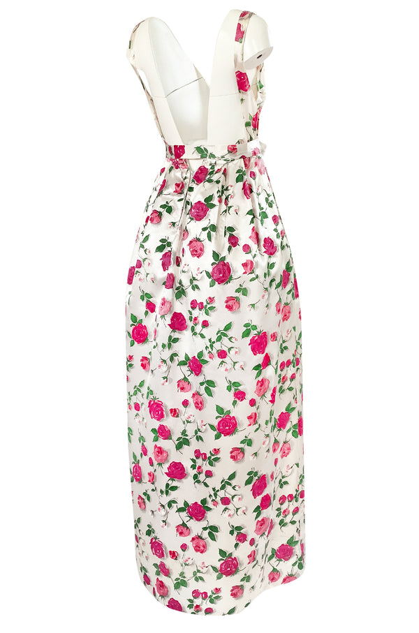 1950s Unlabeled Hand Painted Rose Print Light Satin Backless Halter Dress