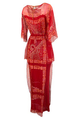 Fall 1979 Zandra Rhodes Book Piece 'Chinese Squares' Printed Red Silk Chiffon Dress
