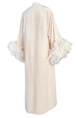 1960s Odette Barsa Loose & Easy Fitting Ivory Silk Caftan w Wide White Feather Cuffs