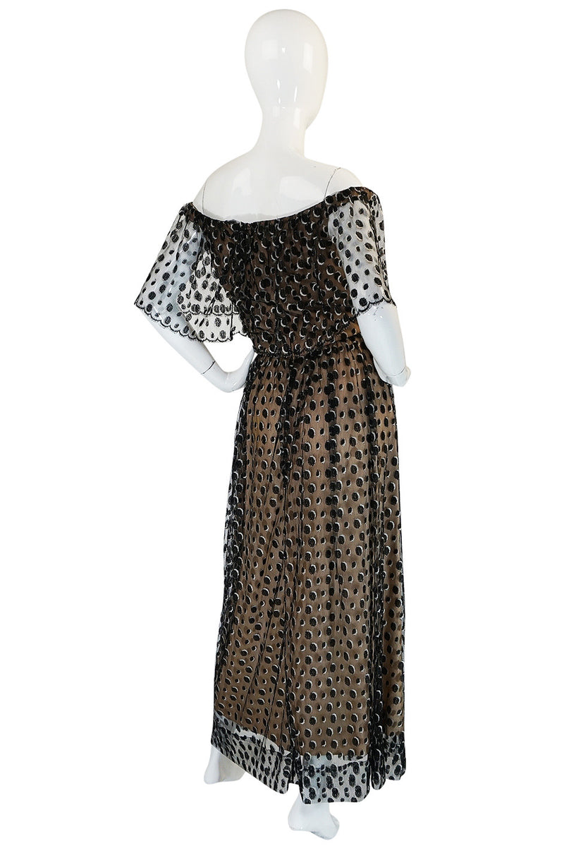 1970s Jean Louis Dotted Net & Silk Off Shoulder Dress