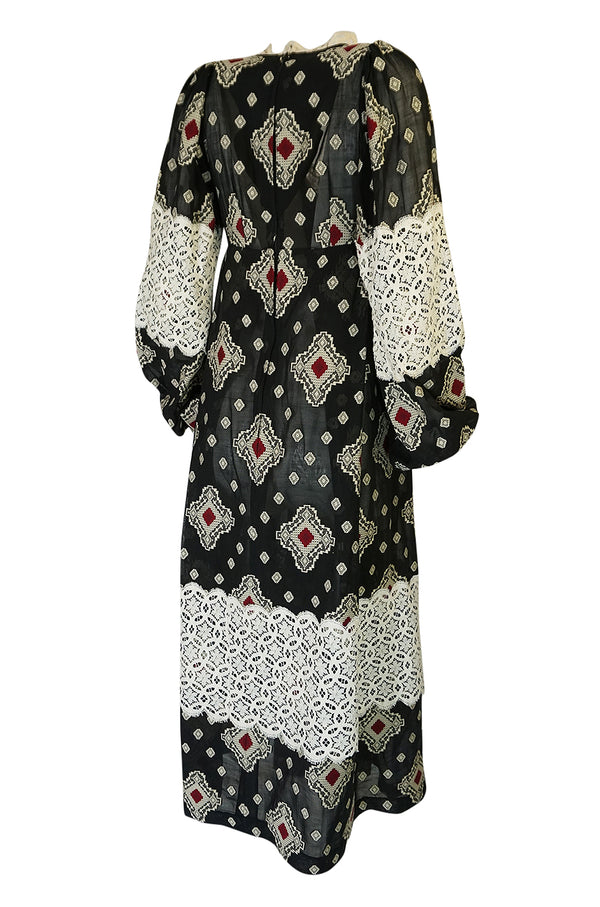1971 Thea Porter Brocaded Cotton Gauze & Lace Flounce Dress