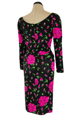 Prettiest 1980s Vicky Tiel Couture Hourglass Bright Pink Floral Print Silk Dress