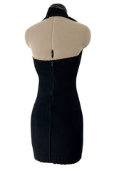 Documented Spring 1992 Azzedine Alaia Black Knit Mini Dress w Curving Halter Neckline