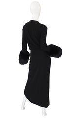 1980s Halston Fur Cuff Black Jersey Gown