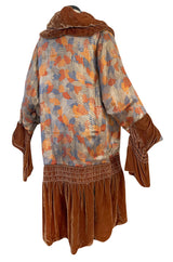 Fabulous 1920s Coral Silk Metallic Gold Lame Flapper Coat w Velvet Detailing