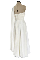 Prettiest 1960s Kiki Hart One Shoulder White Chiffon Dress w Full Skirts & Cascading Panel