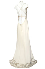 1990s Valentino Trained Backless Ivory Silk Dress w Sequin & Bead Detail