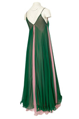 1960s Unlabeled Multiple Layered Pink & Green Chiffon Swing Maxi Dress