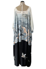 Spectacular 1970s Jean Varon Crane Print Jersey Caftan Dress w Hand Crocheted Collar
