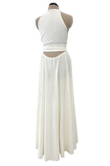 Faboulous 1970s Halston Ivory Jersey Dress W Plunged Front Full Skirt & Tie Waist