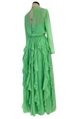 Spring 1981 Bill Blass Pastel Green Silk Chiffon Dress w Elaborate Vertically Set Ruffled Skirt