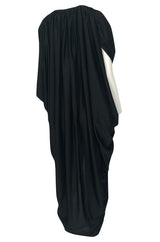 c1976 Halston Black Draped Plunge Front Caped Back Jersey Dress