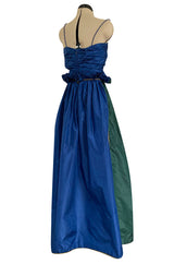 Dreamy 1970s James Galanos Blue Brown & Green Silk Dress w Ruffled Waist & Metallic Gold Trim