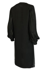 1960s Galanos Domed Rhinestone Button Silk Chiffon Pleat Dress