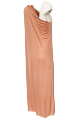 1981 Bill Tice Nude Peach Colour One Shoulder Dress w Gold Detailing
