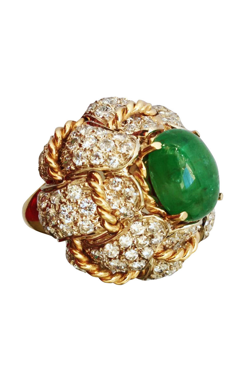 1960s Emerald Diamond Gold Cocktail Dome Ring