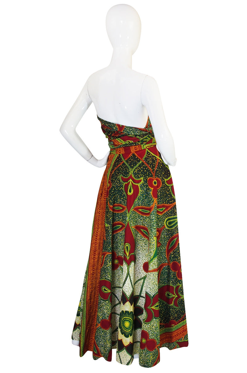 1970s Multi Tie Bohemian Cotton Batik Print Maxi Dress