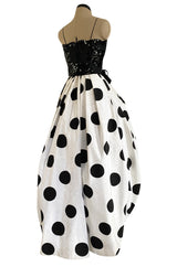 Early 1980s Possible Louis Feraud Graphic Sequin Bodice w Black & White Dotted Bubble Skirt Dress