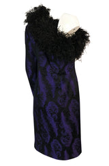 c.1988 Patrick Kelly Purple Brocade One Shoulder Feather Trim Dress