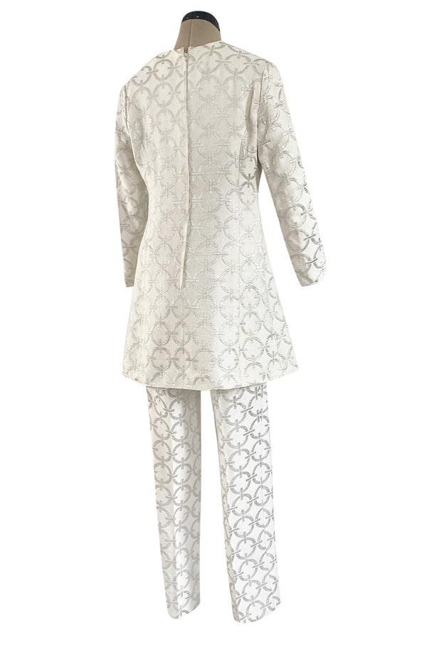 Fabulous 1960s Silver & White Brocade Tunic & Pant Set w Beaded Front Cut Out