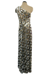 1970s Mollie Parnis Metallic Silver Gold & Copper Fluid Velvet One Shoulder Dress