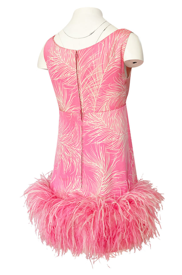 1960s Jerry Silverman Pink Print Mini Dress w Pink Feather Hem Detailing