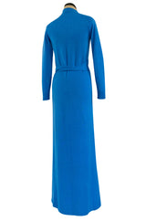 Documented Fall 1977 Halston Cashmere Sky Blue Dress w Extra Long Attached Wrap Ties