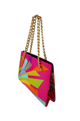 1960s Emilio Pucci Vivid Pink Multi Color Silk Evening Bag w Gold Chains