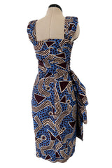 Resort 1983 Yves Saint Laurent Blue Printed Cotton Hip Swag Sarong Dress