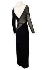 Fall 1997 Halston Black Bias Cut Jersey Dress w Transparent Beaded Net Panel