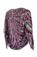 1984 Halston Deep Pink & Silver Densely Sequinned & Heavily Beaded Top w Wide Neckline