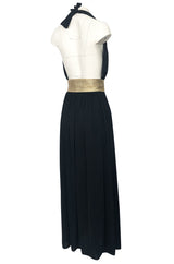Documented 1980 Bill Tice Plunge Front Black & Gold Backless Halter Dress