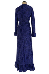 Extraordinary 1971 Givenchy Azure Blue Woven Silk & Metallic Thread Dress w Ruffled Cuffs & Hem