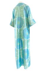 Gorgeous 1970s Pierre Balmain Soft Green and Blue Printed Thai Silk Caftan Dress or Evening Coat