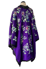 Outstanding 1920s Brilliant Floral Embroidered Rich Purple Silk Cape Cut Flapper Coat