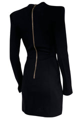 2010s Balmain Black Jersey Dress w Strong Shoulders, Front Knot & Keyhole