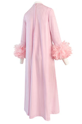 1960s Odette Barsa Loose & Easy Fitting Pink Caftan w Wide Pink Feather Cuffs