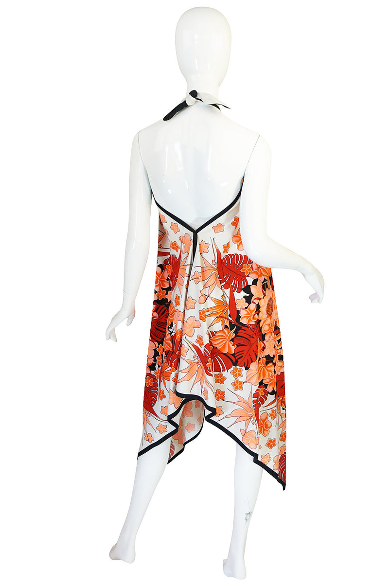 1960s Alfred Shaheen Vivid Coral Print Halter Dress