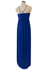 Prettiest 1970s Adele Simpson Deep Blue Chiffon Dress w Green Ruffle Front Halter Dress