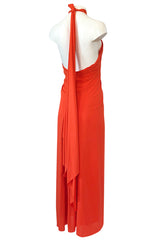 1970s Frank Usher Gathered Halter Backless Coral Jersey Dress