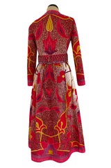 1960s Malcolm Starr Bright Cherry Pink Floral Batik Print Dress w Hand Beaded Belt