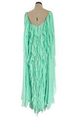 Prettiest 1980s Stavropoulos Soft Mint Green Silk Chiffon Dress w Full Cape Sleeves