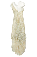 1970s Stavropoulos Gold Metallic & Ivory Lace One Shoulder Dress