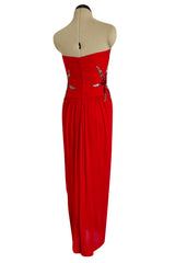 Prettiest 1970s Ruben Panis Side Beaded Red Jersey Dress w Convertible Straps
