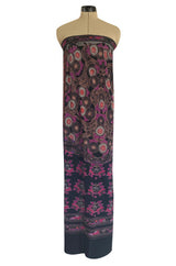 Beautiful 1970s Leonard Strapless Printed Silk Jersey Dress w Matching Silk Chiffon Cape