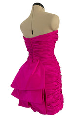 1980s Loris Azzaro Strapless Pink Silk Taffeta Mini Dress w Bustled Three Bow Back