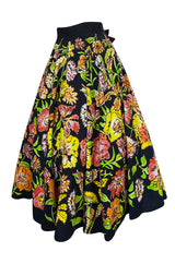 1960s Hand Painted Sequin Bright Floral Print Cotton Mexican Skirt