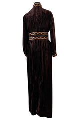Late 1960s Oscar de la Renta Deep Brown Flat Velvet & Brocade Dress w Slit Sleeves & Lace Belt