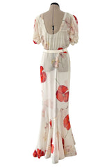 Incredible Numbered 1930s Huge Coral Flower Print Bias Cut Silk Chiffon Ivory Dress